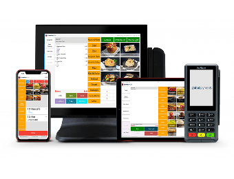 Collection of hospitality POS hardware (terminal, mobile, tablet) running SambaPOS software via POSFlow Solutions